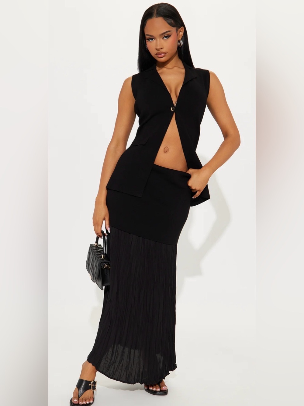 Fashion Nova Black Sleeveless Vest and Maxi Skirt with Pleated Lower Panel
